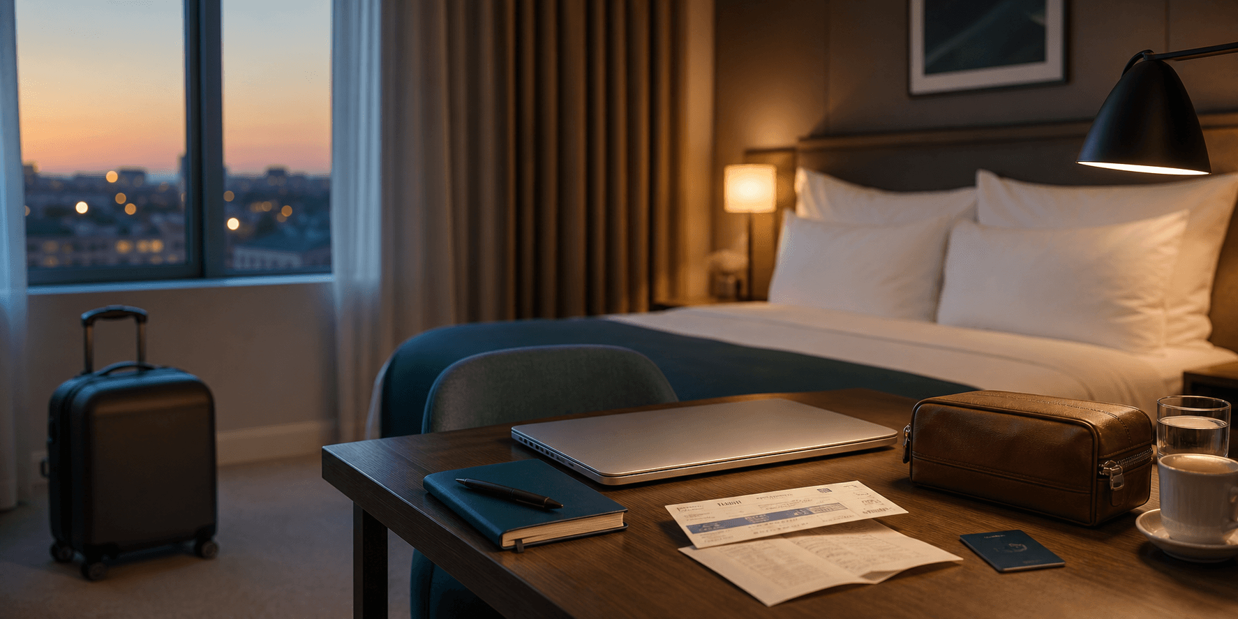 Hotelzimmer-Schreibtisch mit Koffer, Reiseunterlagen und Uebernachtungsdetails